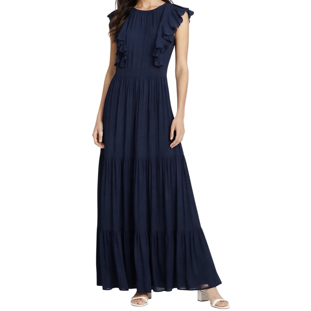 Scotch & Soda Navy Pleated Tiered Maxi Dress Ruffle Trim XS Wedding Formal